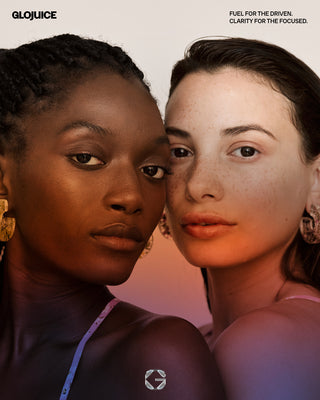 Two women with a gradient background and Glojuice branding.