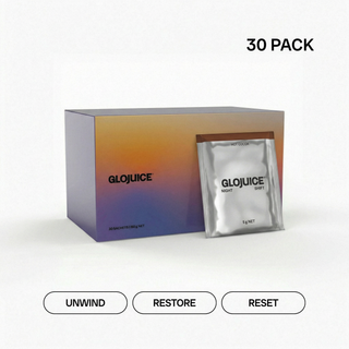 Glojuice 30-pack box with a single packet on a gradient background