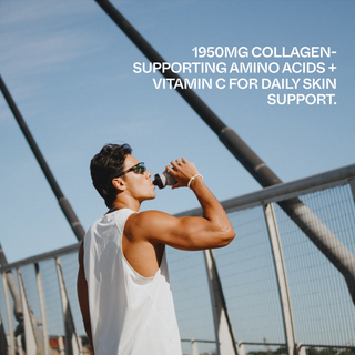 Man drinking from a bottle with text about collagen and vitamins on a clear sky background